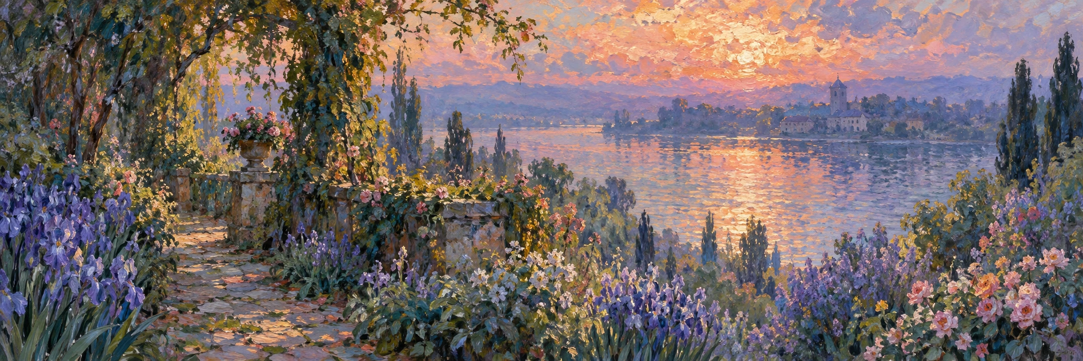An oil painting of a riverside garden at dusk, with violet flowers and warm light reflected in the water.